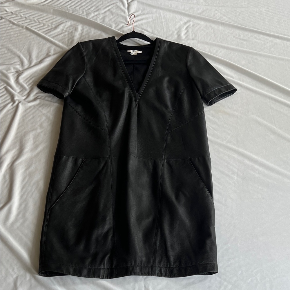Helmut Lang Black Leather V-Neck Mini Dress